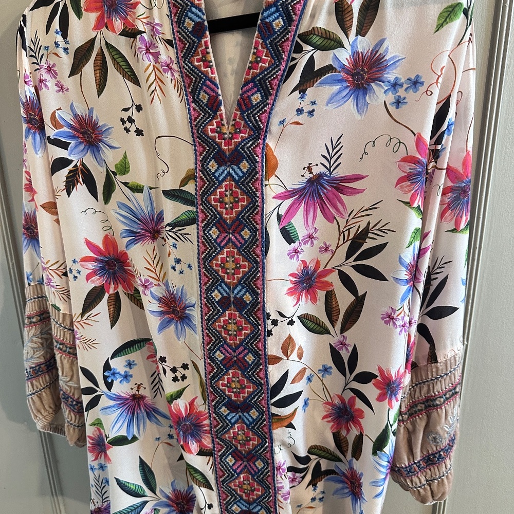 JOHNNY WAS WORKSHOP Uccello Silk & Velvet Blouse Tunic in Blush Pink MEDIUM - Picture 6 of 13